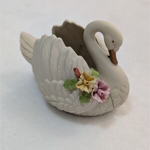 Vintage CAPODIMONTE Swan Planter Vase Ivory Gold with Florals Handpainted READ